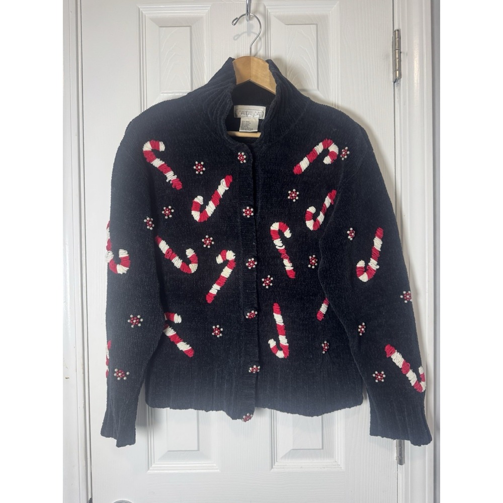 Mandal Bay Cardigan Sweater L Large Black Candy Cane Beaded Ugly Christmas